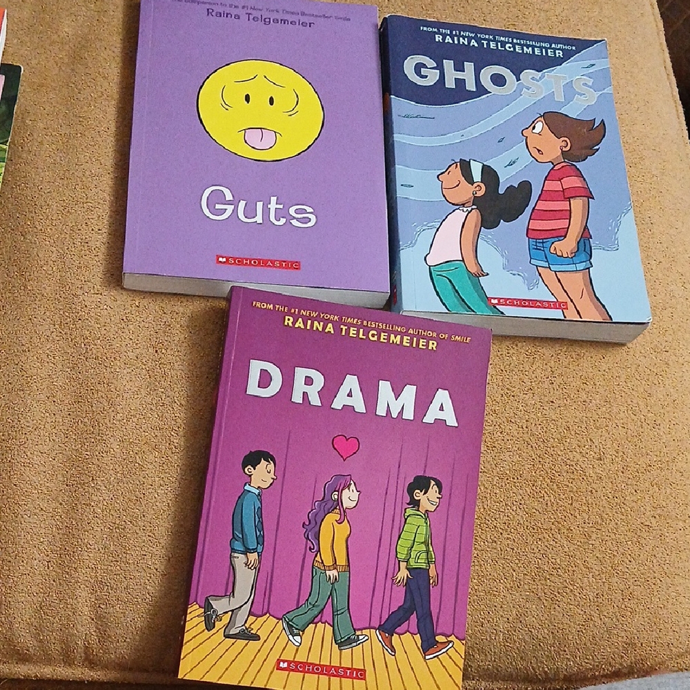 3 Book BUNDLE By Raina Telgemeier DRAMA, GHOSTS, Guts. GRAPHIC NOVELS